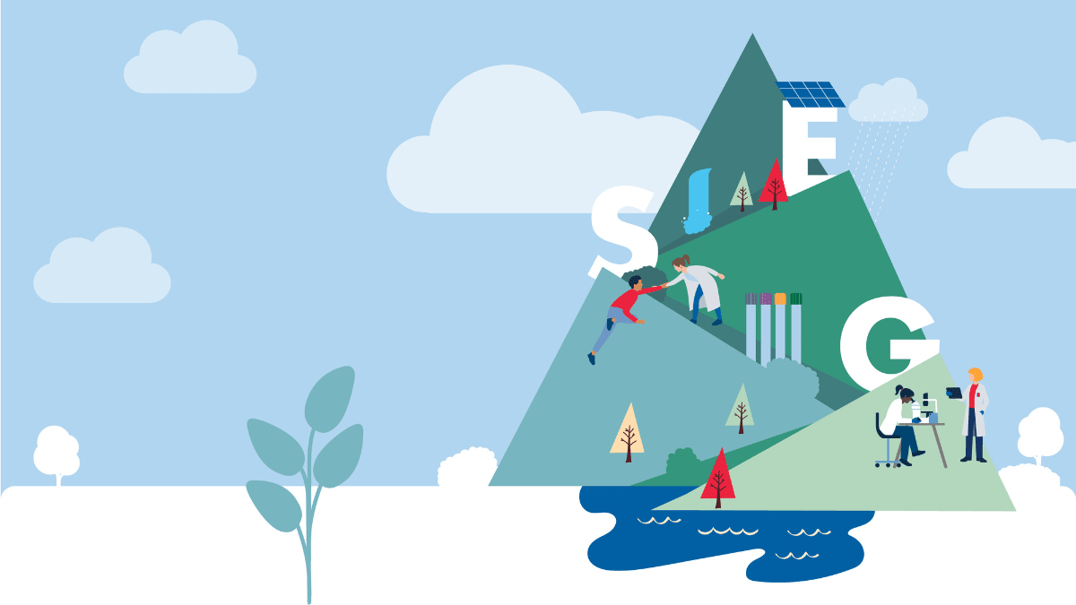 Environmental Social Governance, ESG, Illustration, tubes, mountain, lake, people, support, help, lifting up, science, analysis, plants, trees environment, landscape, clouds, solar panel