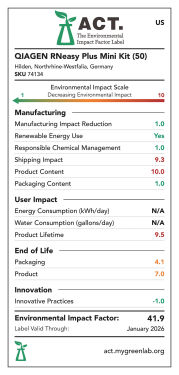 RNeasy Plus Mini Kit (50) ACT environmental impact factor label US.